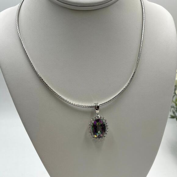 JH Large Mystic Rainbow Topaz Halo Pendant Sterling Omega Chain Necklace - Picture 1 of 12